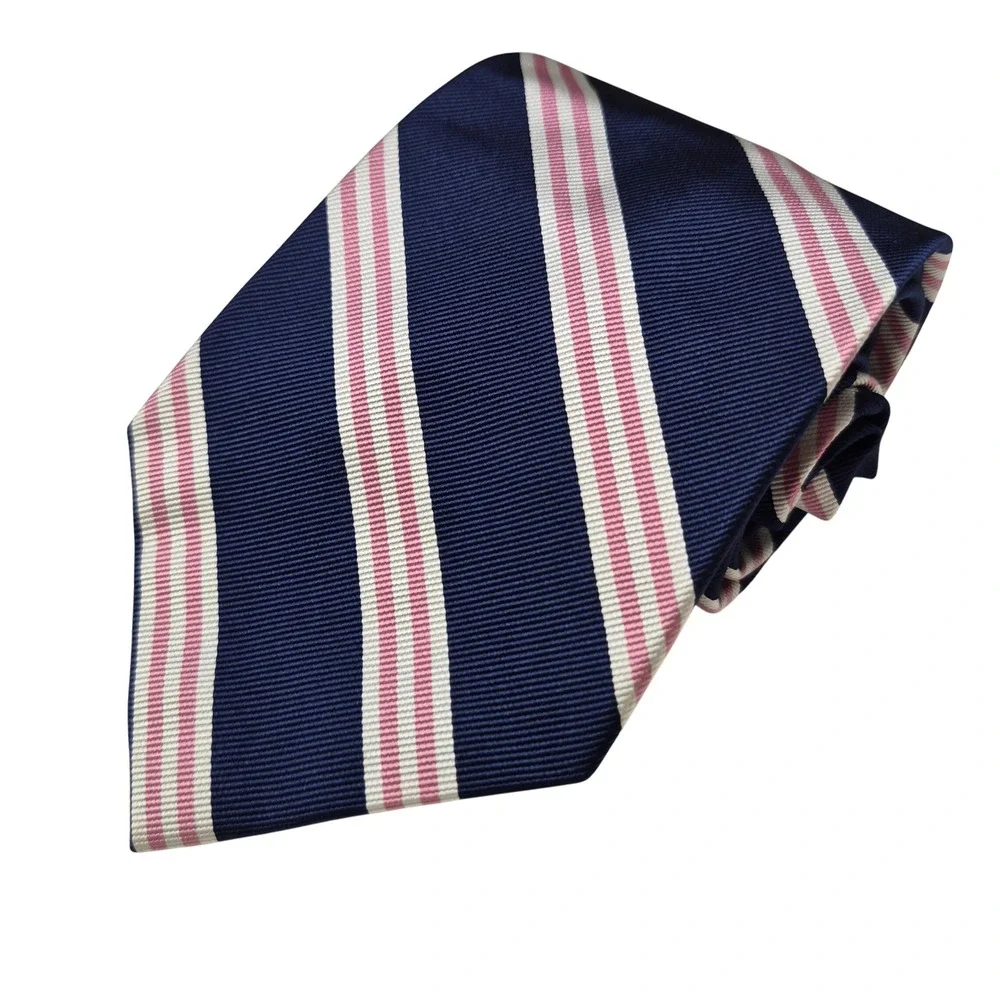 Rooster Tie Mens Navy Blue Pink White Repp Stripe Silk Necktie Classic Business